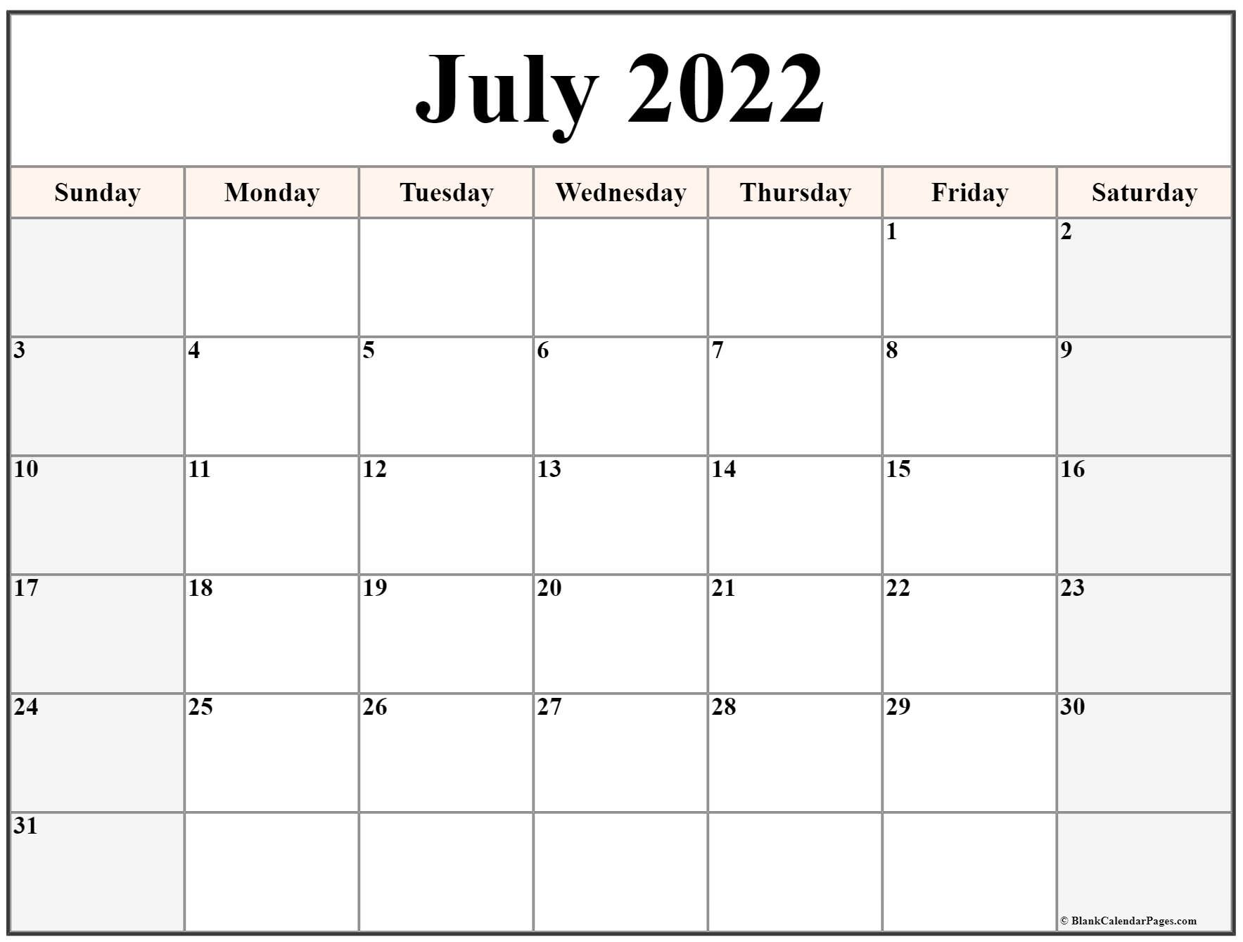 July 2022 calendar