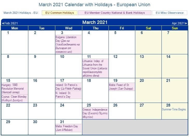 list of holidays in march 2021