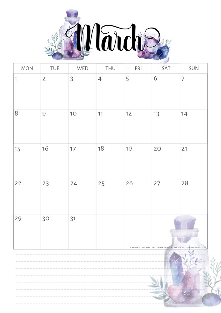 march 2021 calendar printable crystals