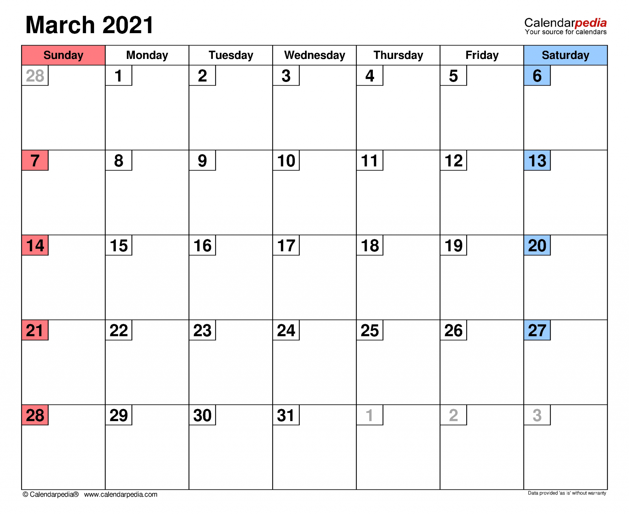 march 2021 calendar