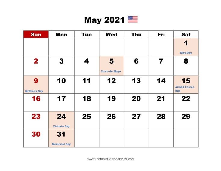 May 2021 Calendar Holidays Printable Calendar May 2021 Printable 2021 Calendar with