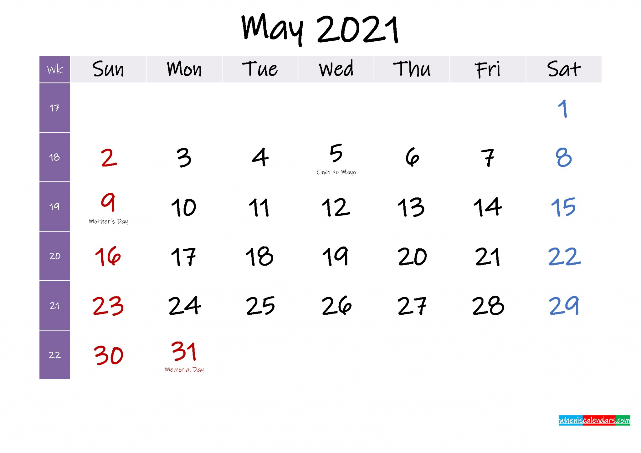 May 2021 Holiday Calendar May 2021 Free Printable Calendar with Holidays Template