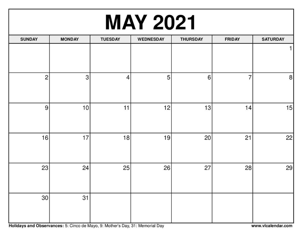 May Calendar 2021 with Holidays Printable May 2020 Calendars In 2020