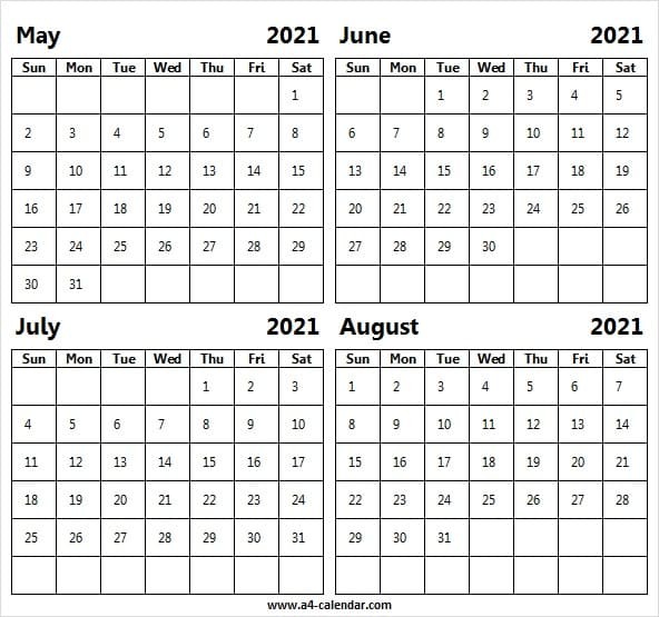 may to august 2021 calendar page