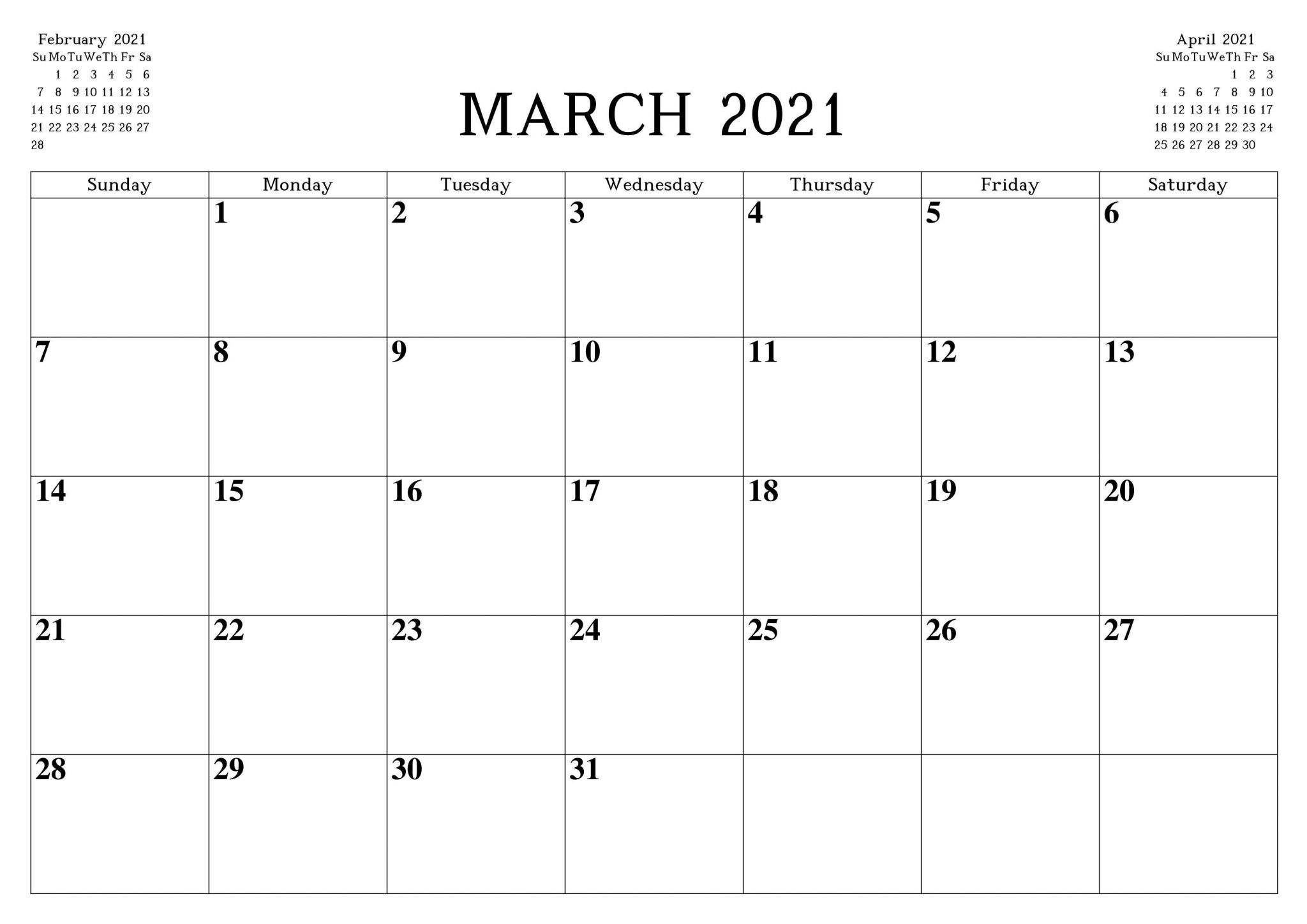 march 2021 monthly calendar