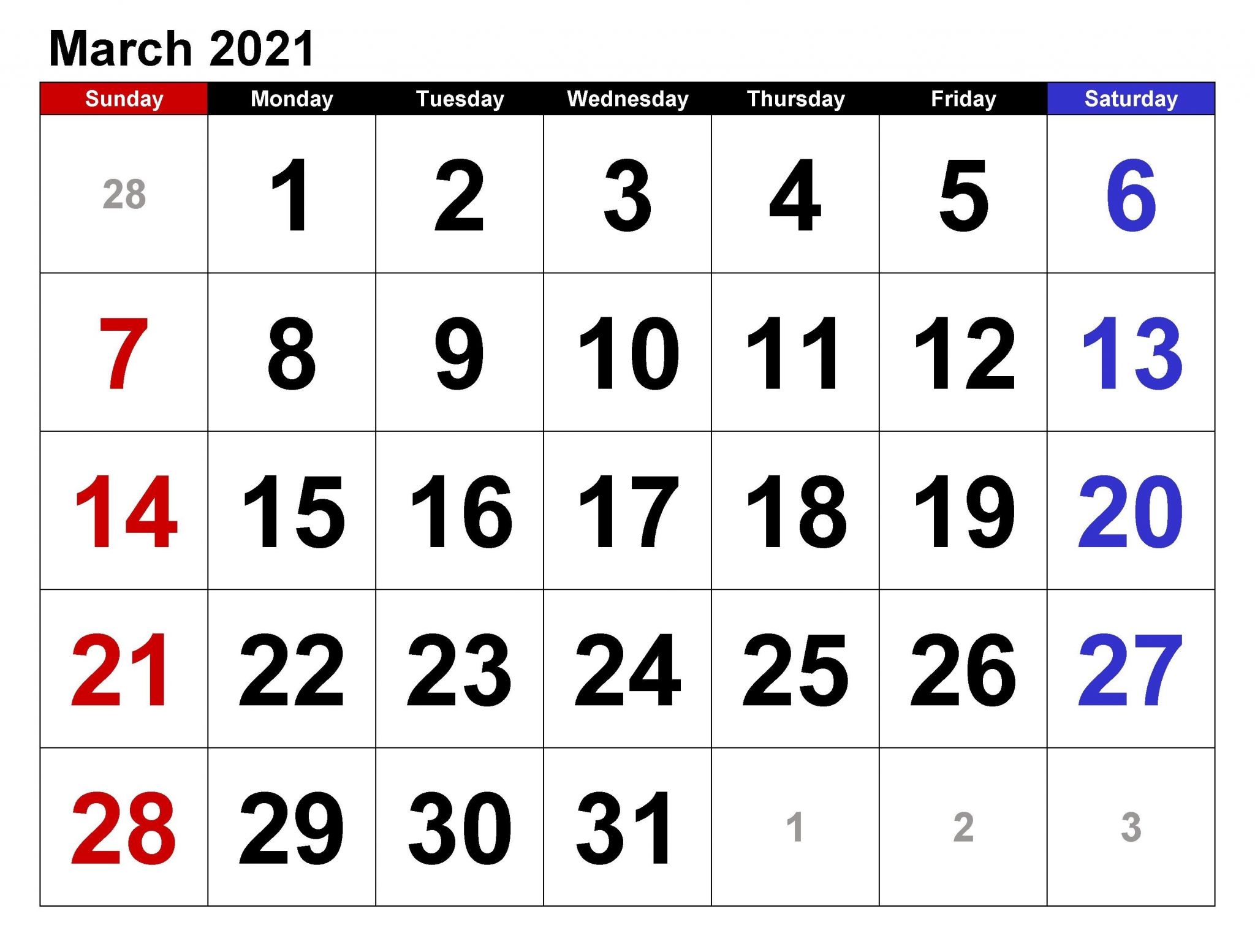 Monthly Calendar 2021 March Month March 2021 Free Printable Calendar Templates