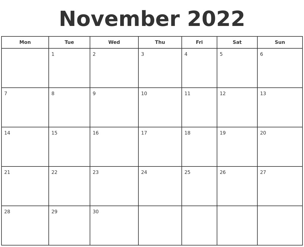 november 2022 print a calendar