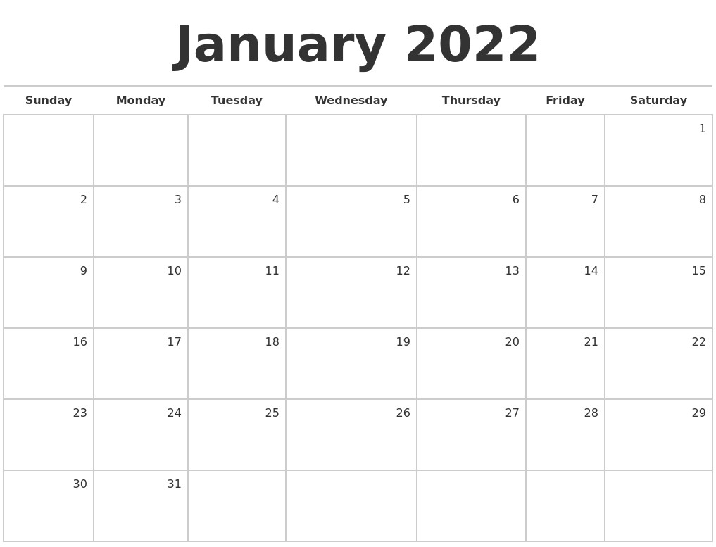 january 2022 blank monthly calendar