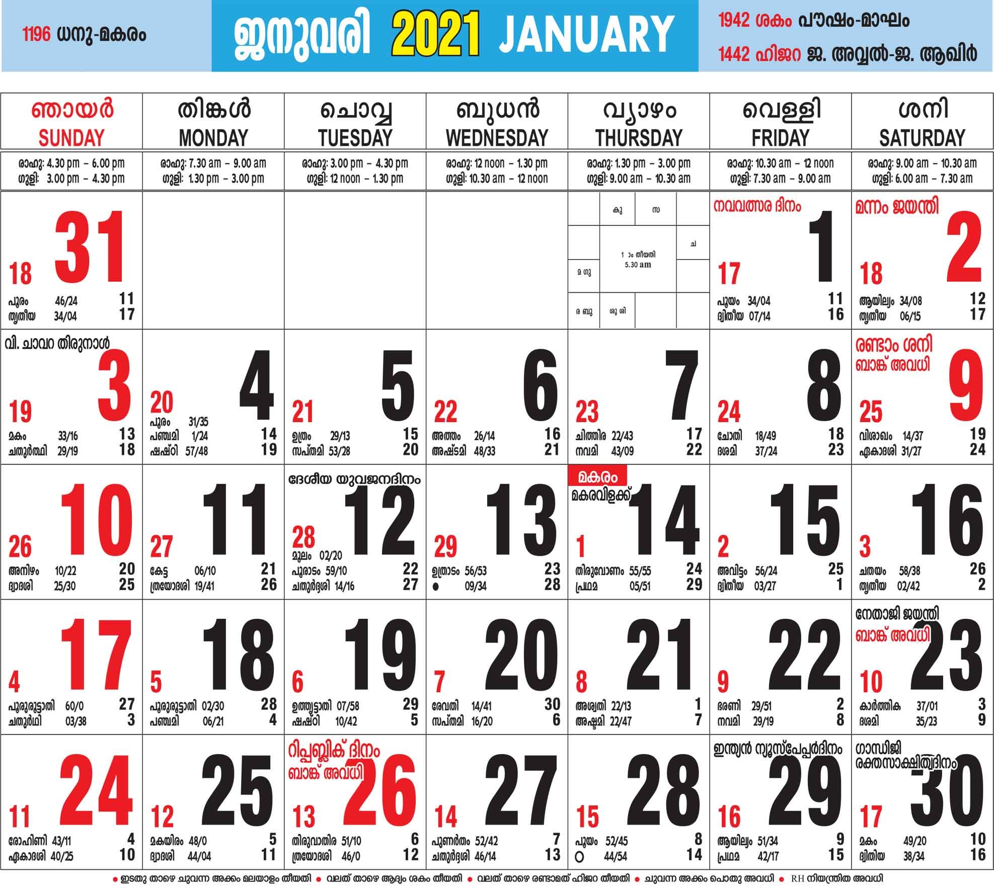 malayalam calendar 2021 january