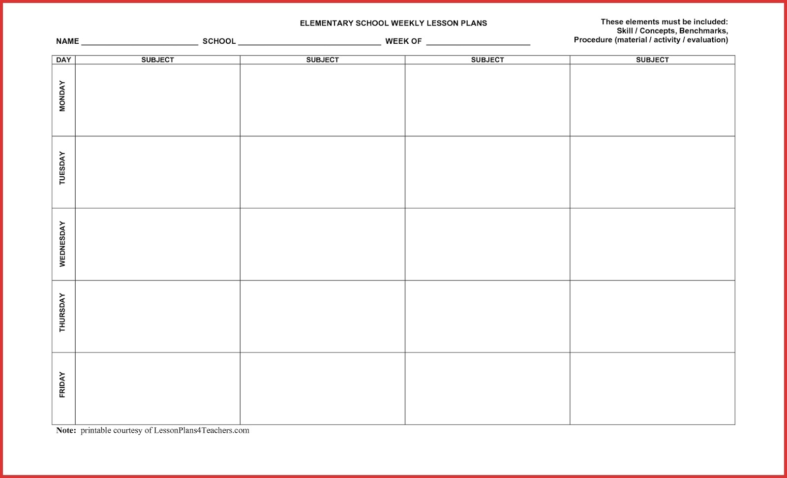 5 day week calendar printable