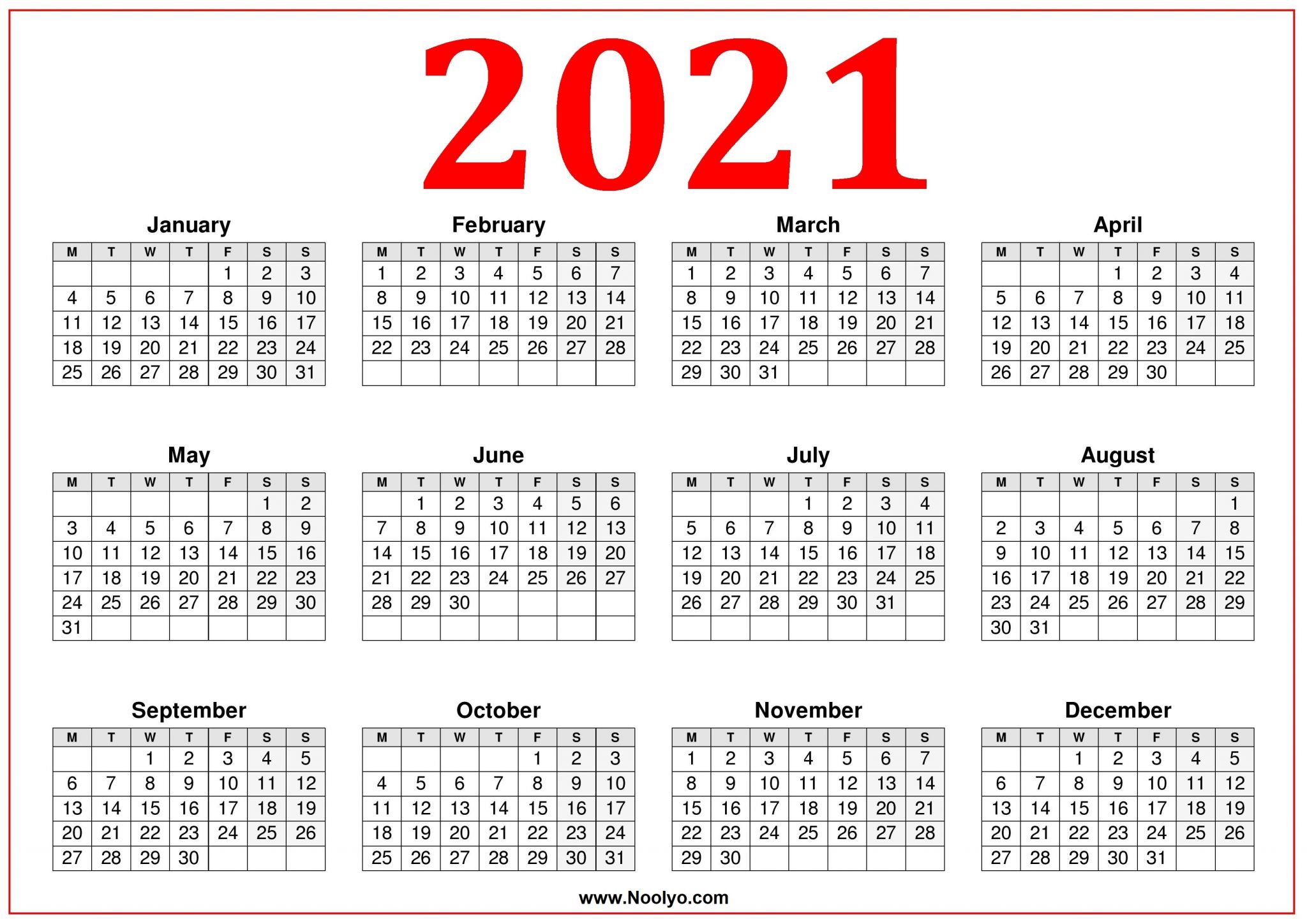 2021 calendar monday start