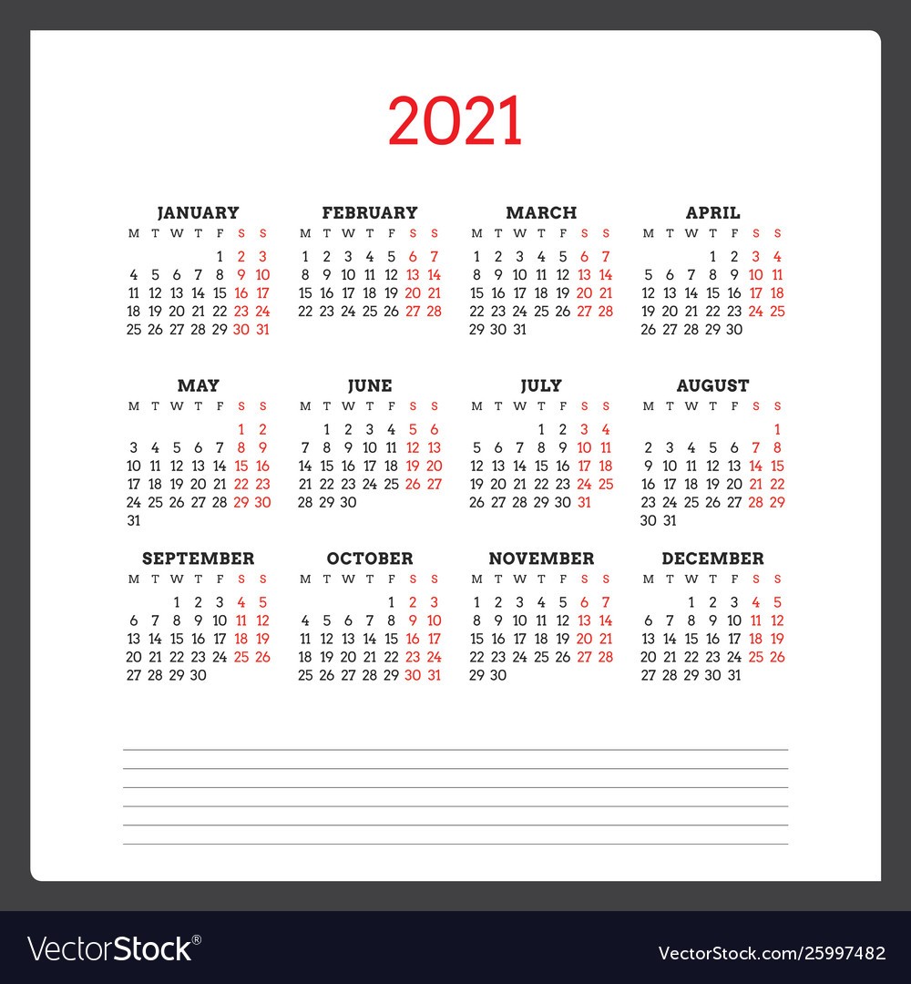 calendar for 2021 year week starts on monday vector