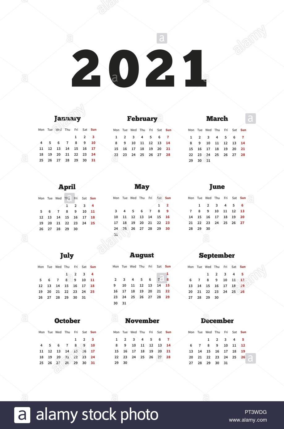 calendar on 2021 year with week starting from monday a4 size vertical sheet on white image