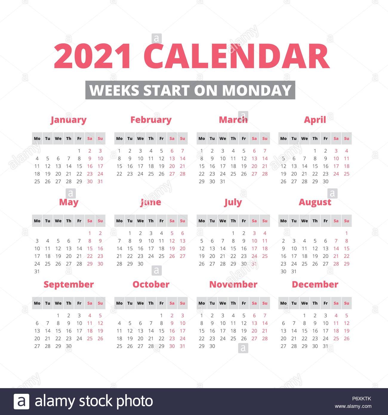 simple 2021 year calendar week starts on monday image