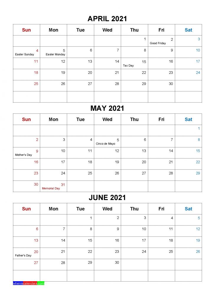 April to June 2021 Calendar Word | Free Printable Calendar Monthly