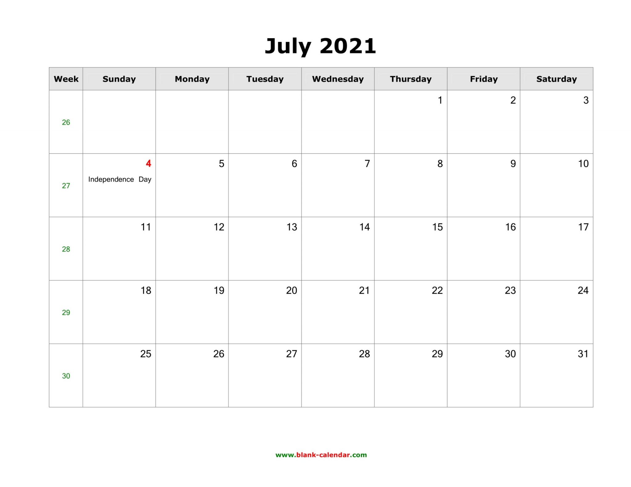 printable calendar page july 2021