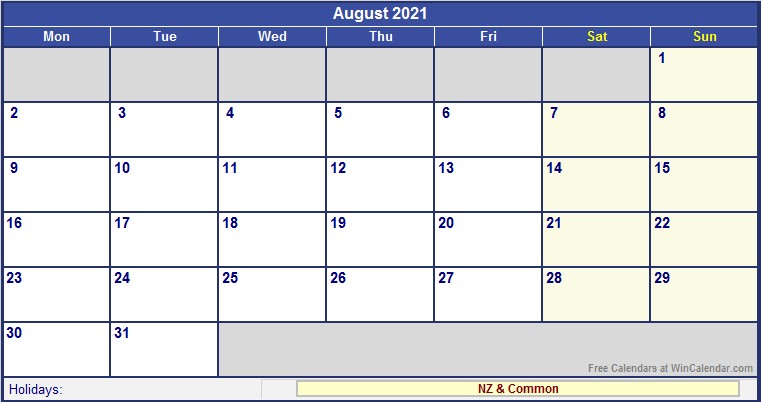 Printable Calendar August 2021