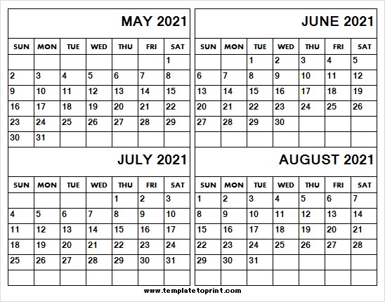 may to august 2021 blank calendar