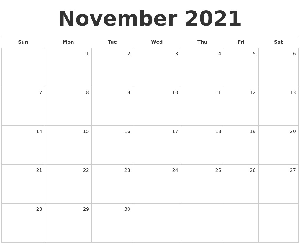 november 2021 blank monthly calendar