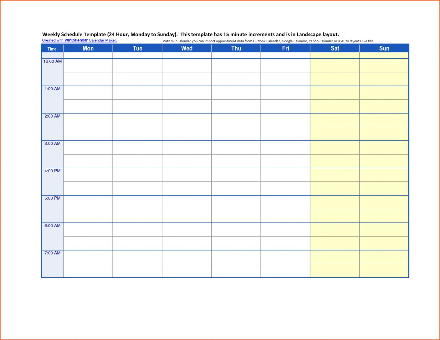 blank weekly calendar 15 minute increments