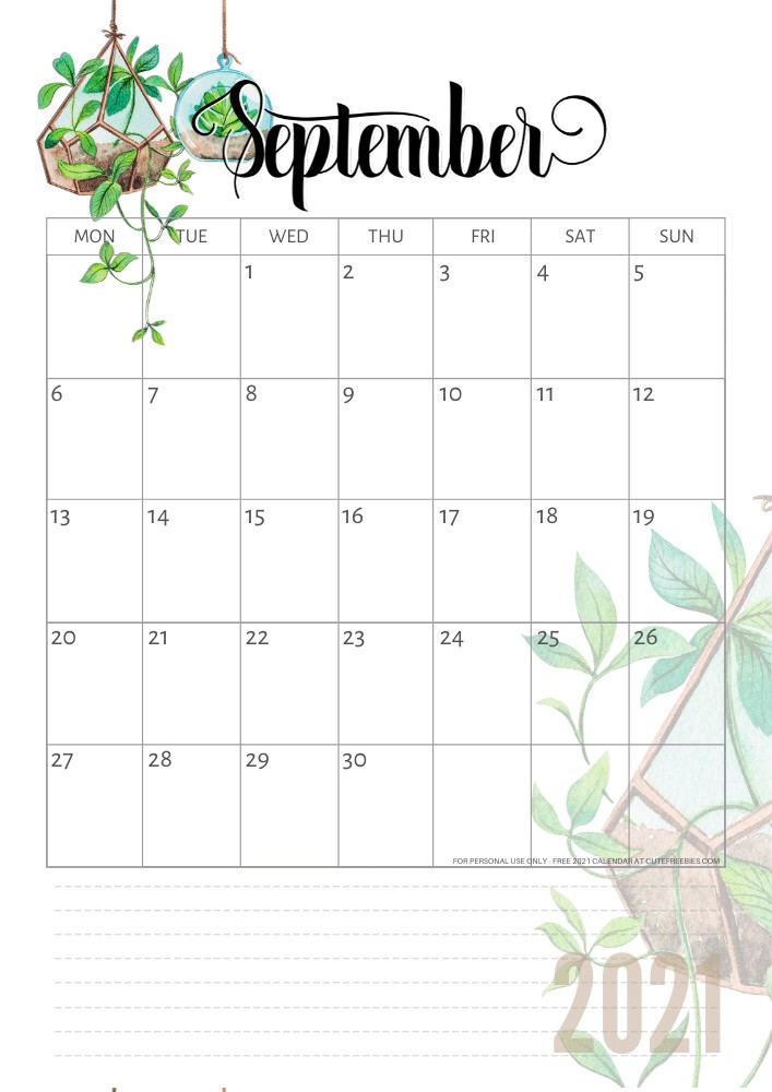 Cute September 2021 Calendar 2021 Calendar Free Printable Plants theme Cute