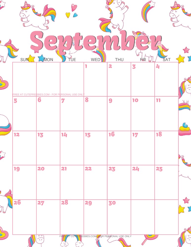 september 2021 calendar printable unicorns