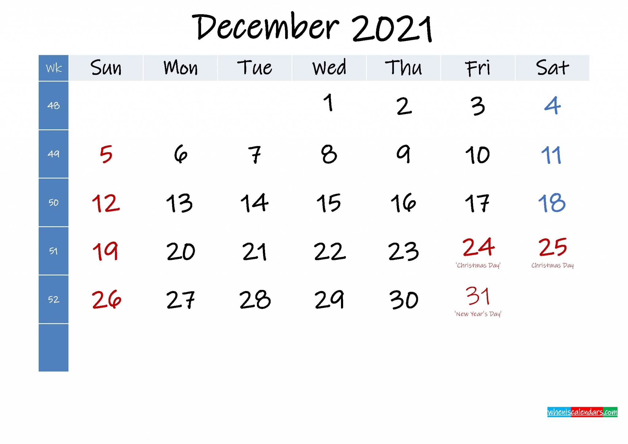 December 2021 Calendar with Holidays Free Printable December 2021 Calendar with Holidays