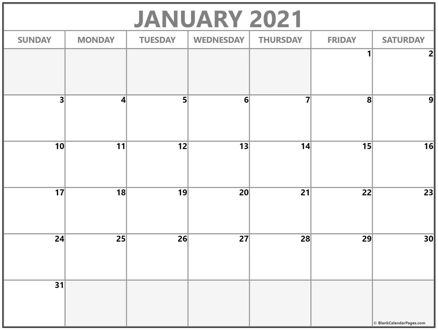 January 2021 calendar