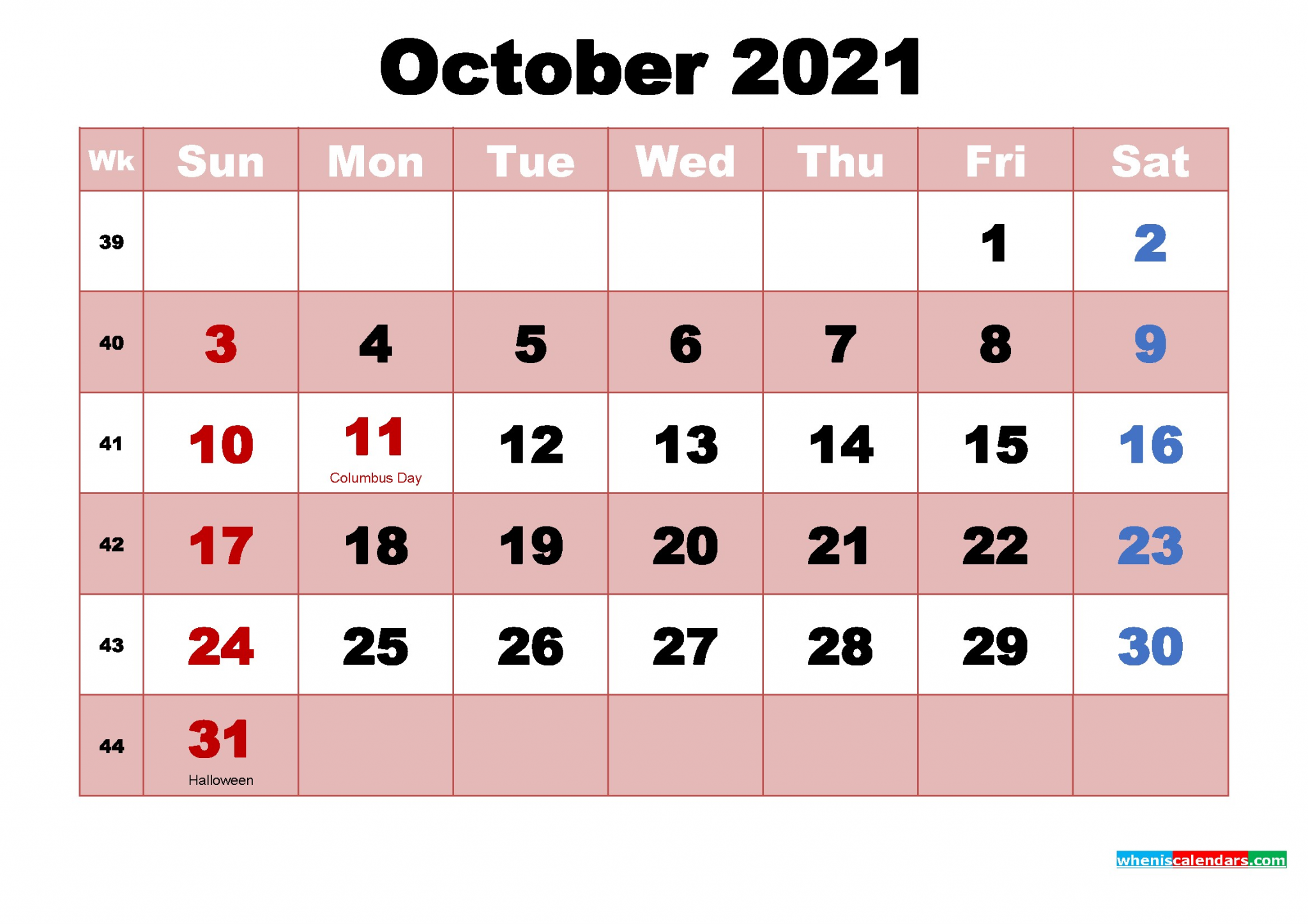 free october 2021 monthly calendar printable holidays arialblk 16 m21h190