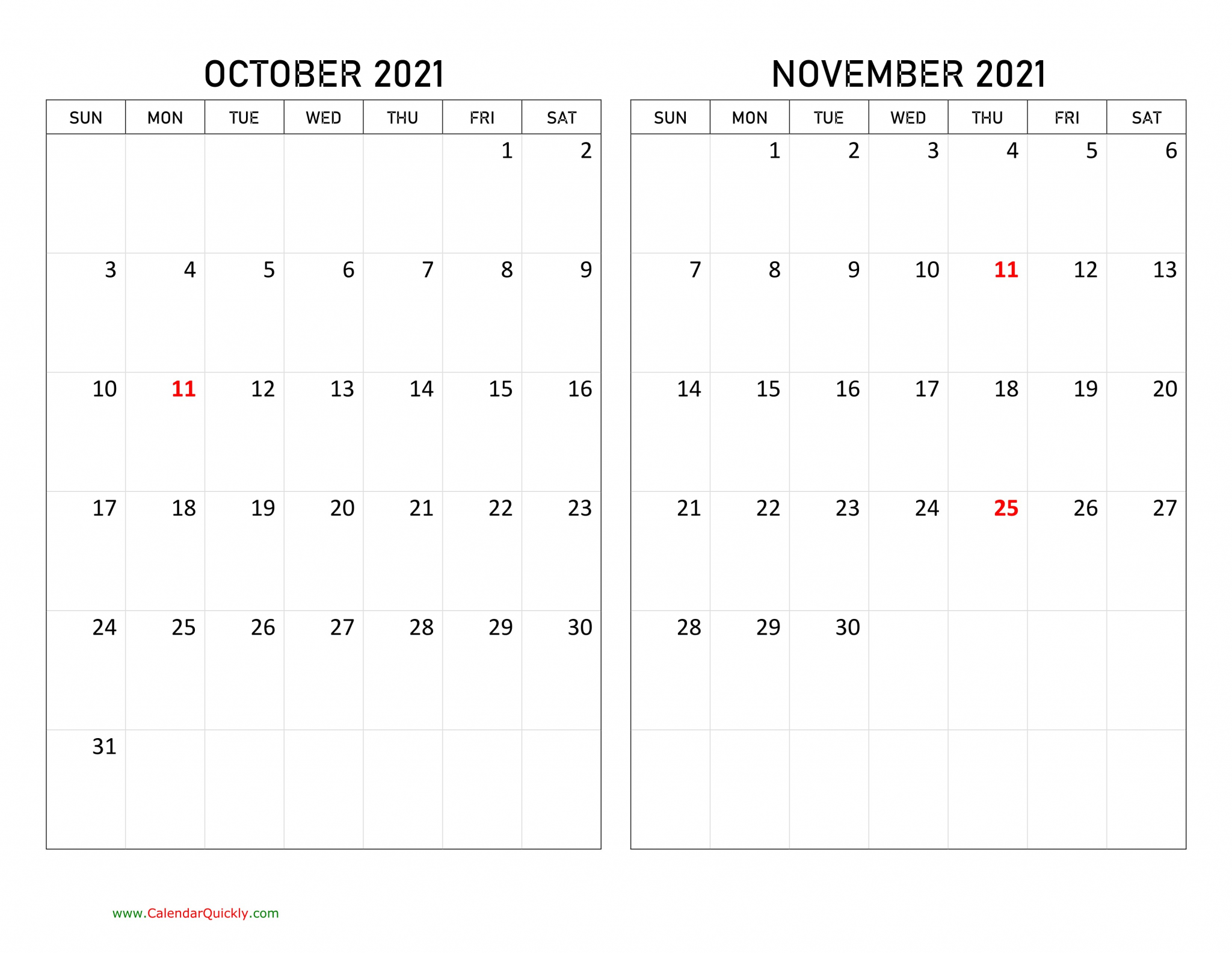 october november 2021 calendar