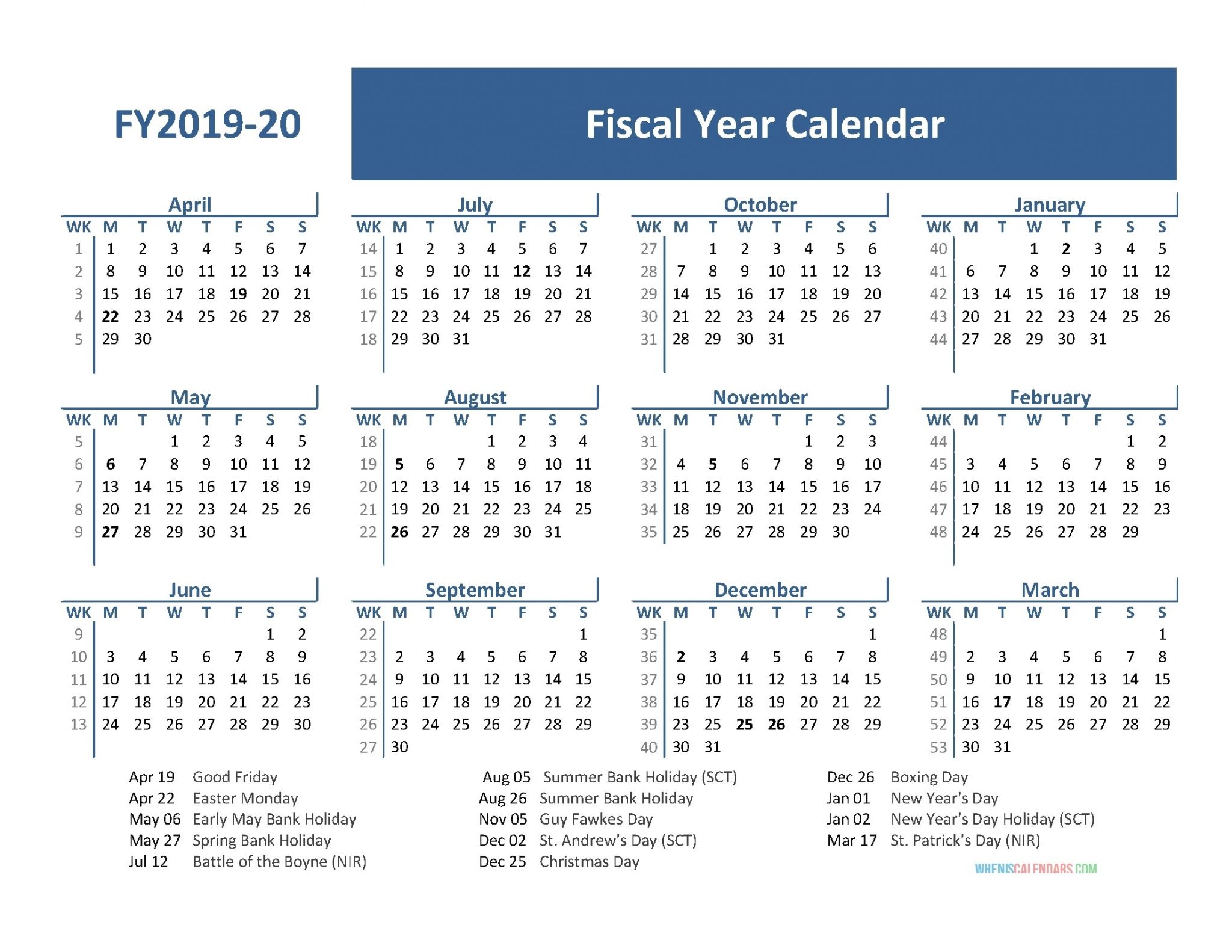 financial year calendar 2019 20 week numbers